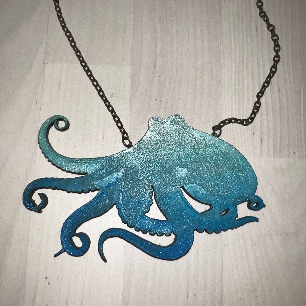 Wood Octopus necklace on a short chain